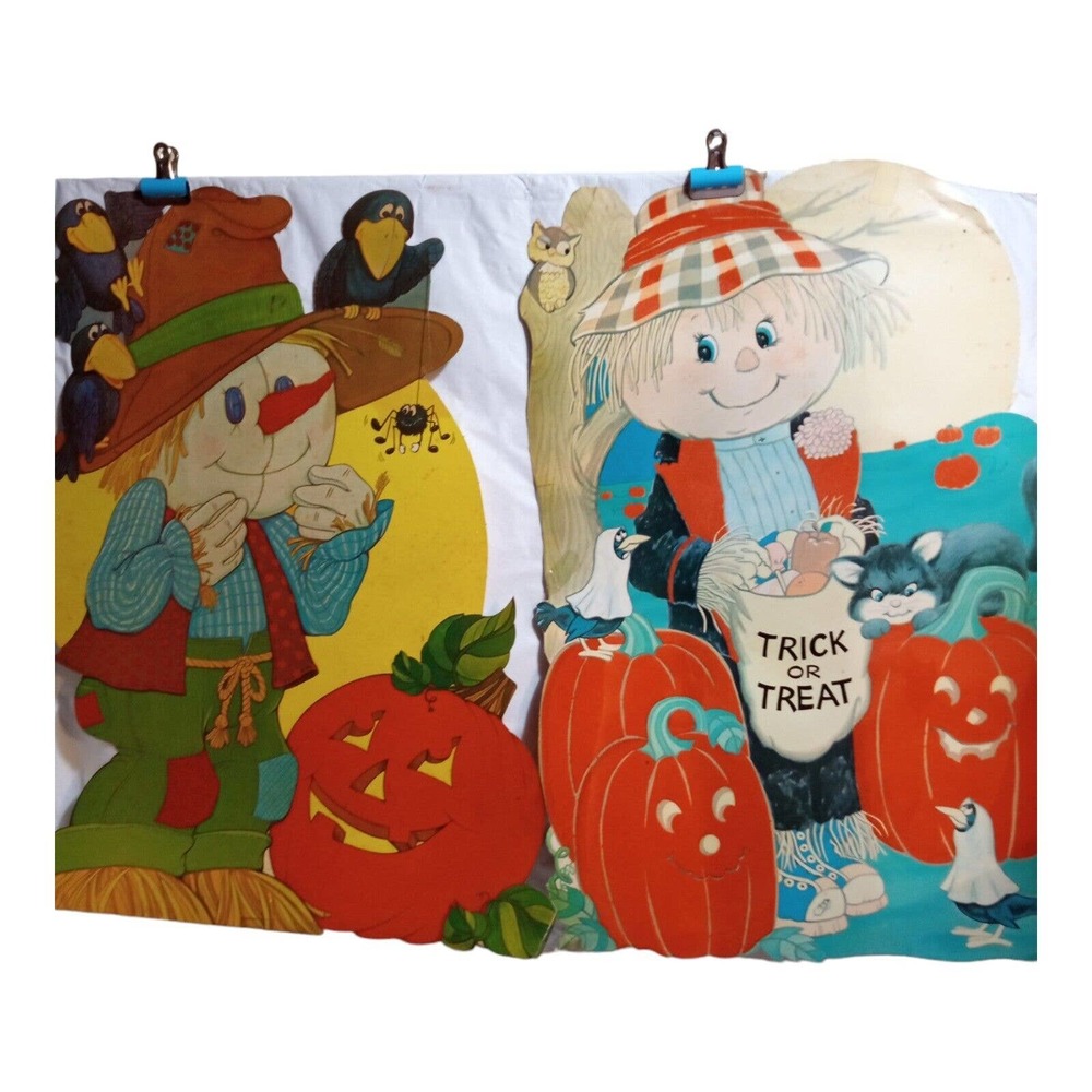 Vintage Scarecrow Pumpkin Black Cat Die Cut 2Sided 2 Pieces